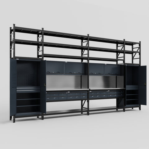 M1221 Modular Work Bench with Shelves - H3100mm x W5700mm | Stainless WBT | Dark Grey
