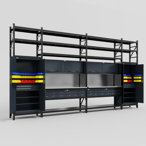 M1221 Modular Work Bench with Shelves - H3100mm x W5700mm | Stainless WBT | Dark Grey