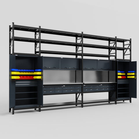 M1221 Modular Work Bench with Shelves - H3100mm x W5700mm | Stainless WBT | Dark Grey