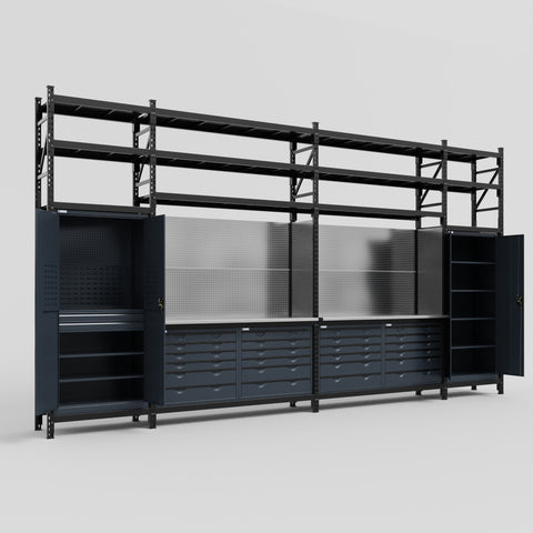 M1221 Modular Work Bench with Shelves - H3100mm x W5700mm | Stainless WBT | Dark Grey
