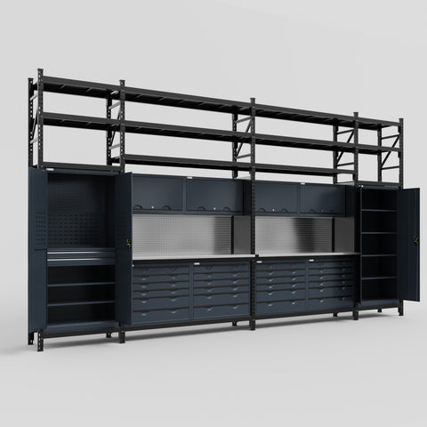 M1221 Modular Work Bench with Shelves - H3100mm x W5700mm | Stainless WBT | Dark Grey