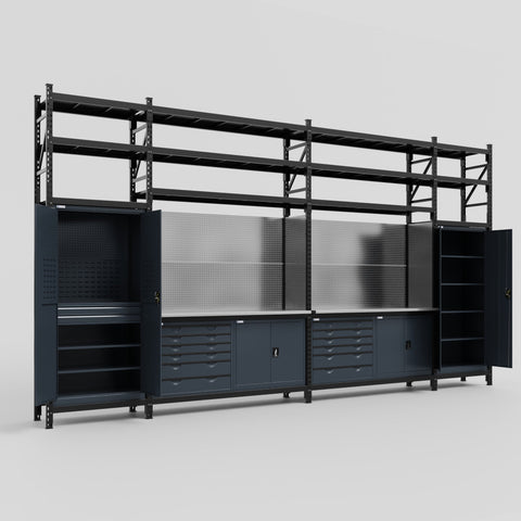 M1221-3S Modular Work Bench with Shelves - H3100mm x W5700mm | Stainless WBT | Dark Grey