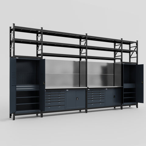 M1221-3S Modular Work Bench with Overheads & Shelves - H3100mm x W5700mm | Dark Grey