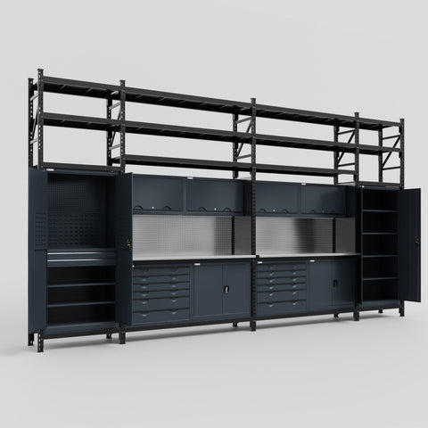 M1221-3S Modular Work Bench with Shelves - H3100mm x W5700mm | Stainless WBT | Dark Grey