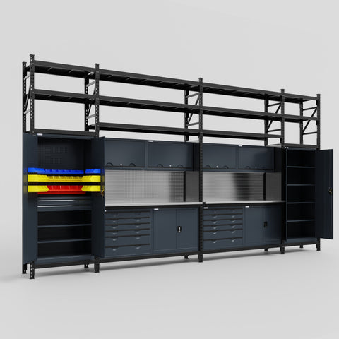 M1221-3S Modular Work Bench with Shelves - H3100mm x W5700mm | Stainless WBT | Dark Grey