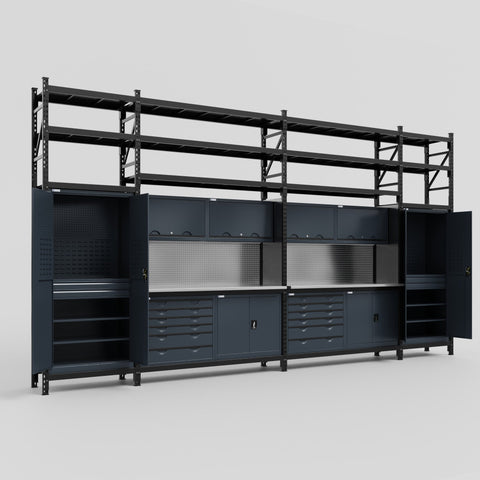 M1221-3S Modular Work Bench with Shelves - H3100mm x W5700mm | Stainless WBT | Dark Grey