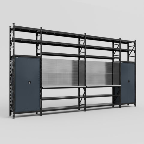 M1221 Modular Work Bench with Shelves - H3100mm x W5700mm | Stainless WBT | Dark Grey
