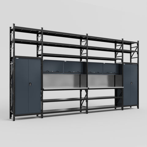 M1221 Modular Work Bench with Shelves - H3100mm x W5700mm | Stainless WBT | Dark Grey