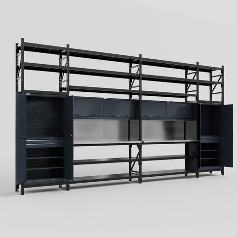 M1221 Modular Work Bench with Shelves - H3100mm x W5700mm | Stainless WBT | Dark Grey