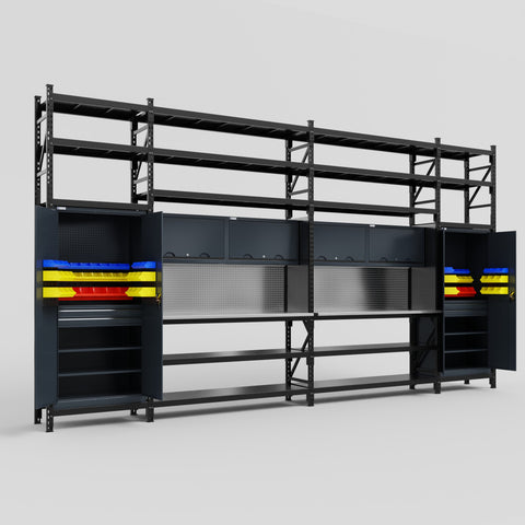 M1221 Modular Work Bench with Shelves - H3100mm x W5700mm | Stainless WBT | Dark Grey