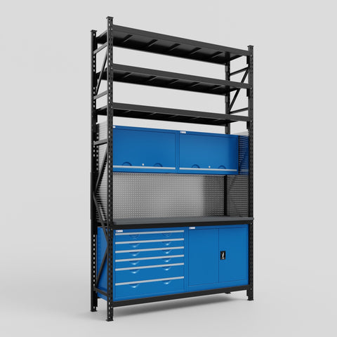 M2-3S Modular Work Bench with Shelves - H3100mm x W1920mm | Laminate WBT | Blue