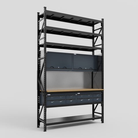 M2 Modular Work Bench with Shelves - H3100mm x W1920mm | MDF WBT | Dark Grey
