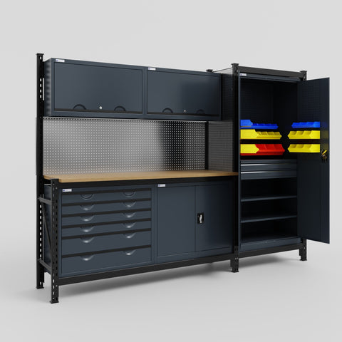 M21-2 Modular Work Bench with Overheads - H2100mm x W2880mm | MDF WBT | Dark Grey