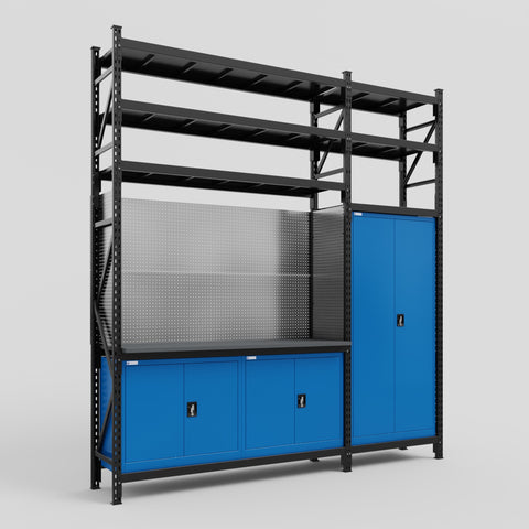 M21 Modular Work Bench with Shelves - H3100mm x W2880mm | Laminate WBT | Blue