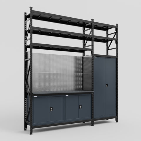 M21 Modular Work Bench with Shelves - H3100mm x W2880mm | Laminate WBT | Dark Grey