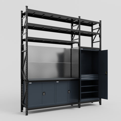 M21 Modular Work Bench with Shelves - H3100mm x W2880mm | Laminate WBT | Dark Grey
