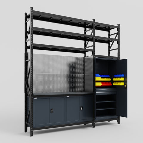 M21 Modular Work Bench with Shelves - H3100mm x W2880mm | Laminate WBT | Dark Grey