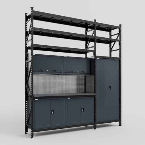 M21 Modular Work Bench with Shelves - H3100mm x W2880mm | Laminate WBT | Dark Grey