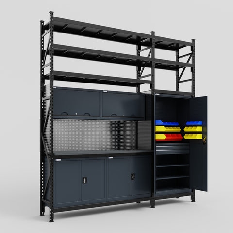 M21 Modular Work Bench with Shelves - H3100mm x W2880mm | Laminate WBT | Dark Grey