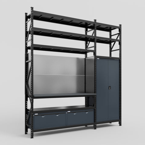 M21 Modular Work Bench with Shelves - H3100mm x W2880mm | Laminate WBT | Dark Grey