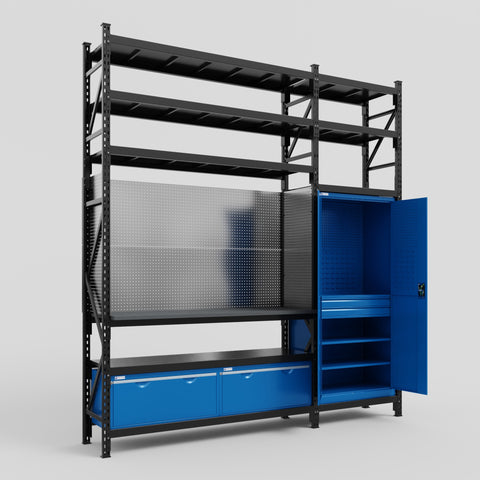 M21 Modular Work Bench with Shelves - H3100mm x W2880mm | Laminate WBT | Blue