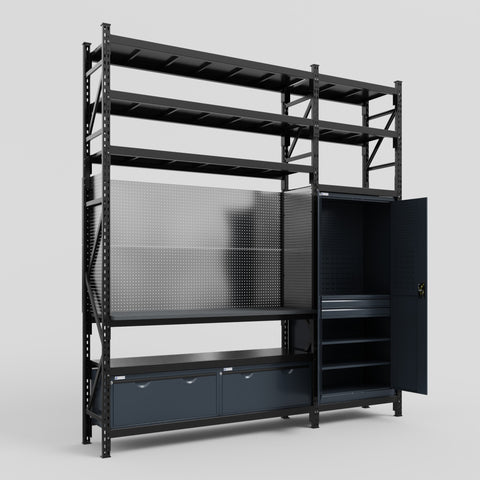 M21 Modular Work Bench with Shelves - H3100mm x W2880mm | Laminate WBT | Dark Grey