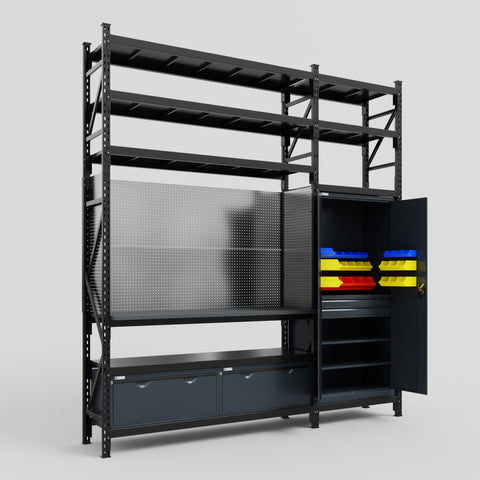 M21 Modular Work Bench with Shelves - H3100mm x W2880mm | Laminate WBT | Dark Grey