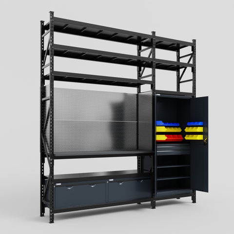 M21 Modular Work Bench with Shelves - H3100mm x W2880mm | Laminate WBT | Dark Grey