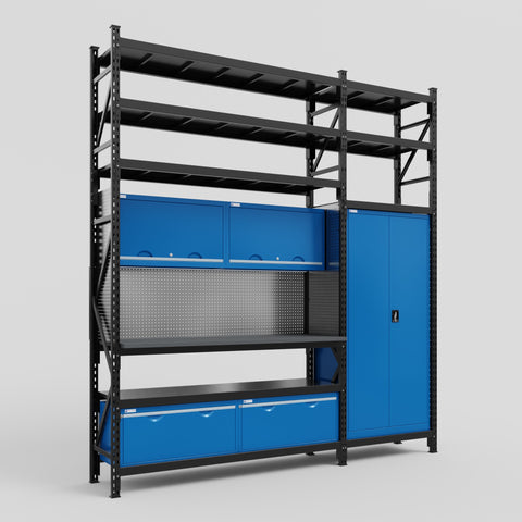 M21 Modular Work Bench with Shelves - H3100mm x W2880mm | Laminate WBT | Blue