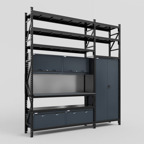 M21 Modular Work Bench with Shelves - H3100mm x W2880mm | Laminate WBT | Dark Grey