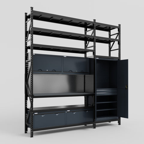 M21 Modular Work Bench with Shelves - H3100mm x W2880mm | Laminate WBT | Dark Grey