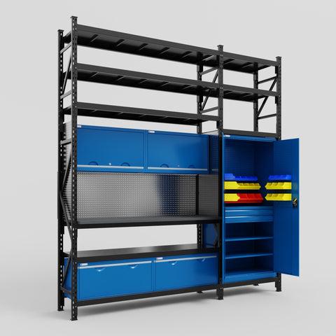M21 Modular Work Bench with Shelves - H3100mm x W2880mm | Laminate WBT | Blue