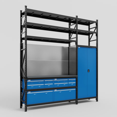 M21 Modular Work Bench with Shelves - H3100mm x W2880mm | Laminate WBT | Blue