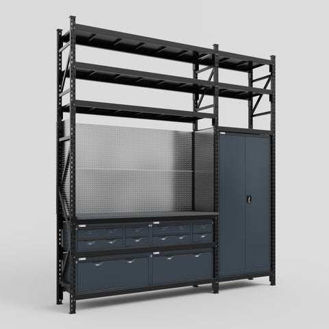 M21 Modular Work Bench with Shelves - H3100mm x W2880mm | Laminate WBT | Dark Grey