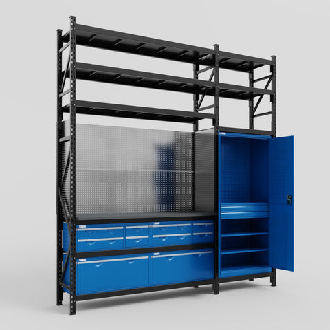 M21 Modular Work Bench with Shelves - H3100mm x W2880mm | Laminate WBT | Blue