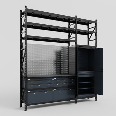 M21 Modular Work Bench with Shelves - H3100mm x W2880mm | Laminate WBT | Dark Grey