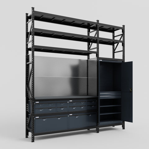 M21 Modular Work Bench with Shelves - H3100mm x W2880mm | Laminate WBT | Dark Grey