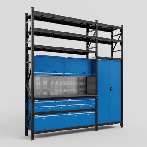 M21 Modular Work Bench with Shelves - H3100mm x W2880mm | Laminate WBT | Blue