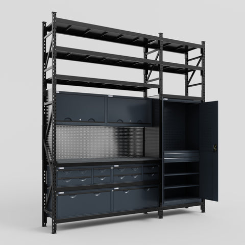 M21 Modular Work Bench with Shelves - H3100mm x W2880mm | Laminate WBT | Dark Grey
