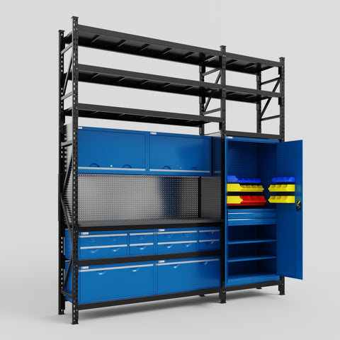 M21 Modular Work Bench with Shelves - H3100mm x W2880mm | Laminate WBT | Blue