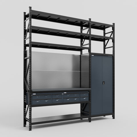 M21 Modular Work Bench with Shelves - H3100mm x W2880mm | Laminate WBT | Dark Grey