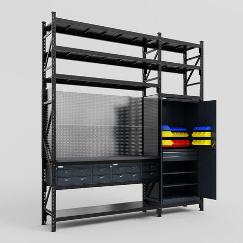 M21 Modular Work Bench with Shelves - H3100mm x W2880mm | Laminate WBT | Dark Grey