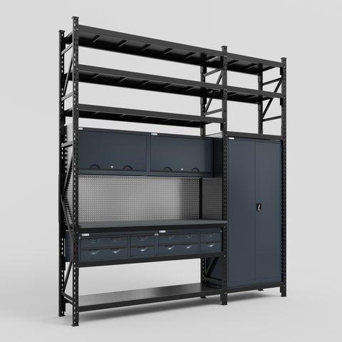 M21 Modular Work Bench with Shelves - H3100mm x W2880mm | Laminate WBT | Dark Grey