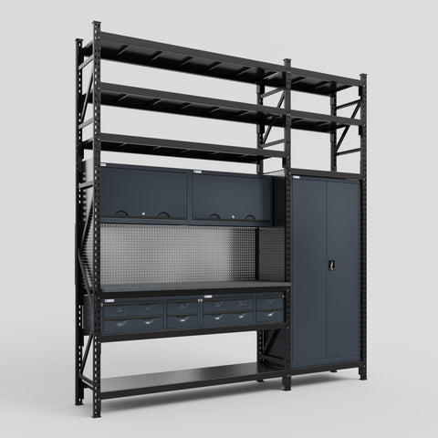 M21 Modular Work Bench with Shelves - H3100mm x W2880mm | Laminate WBT | Dark Grey