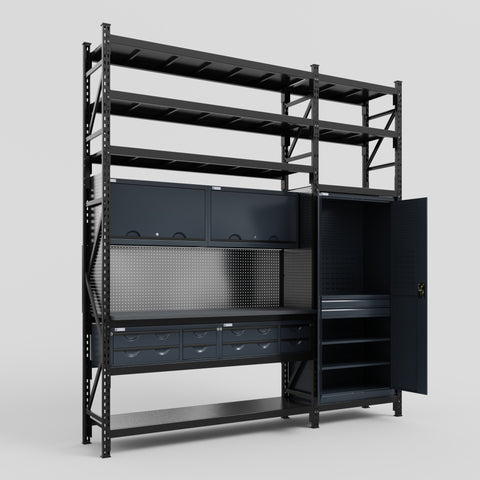 M21 Modular Work Bench with Shelves - H3100mm x W2880mm | Laminate WBT | Dark Grey