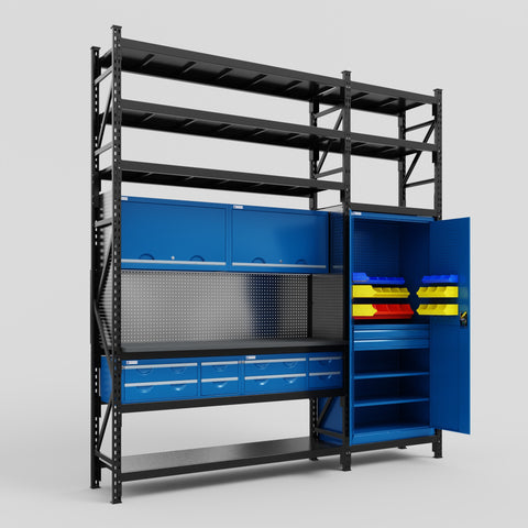 M21 Modular Work Bench with Shelves - H3100mm x W2880mm | Laminate WBT | Blue