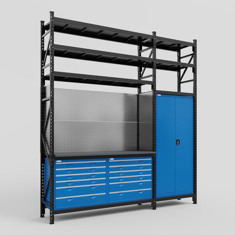 M21 Modular Work Bench with Shelves - H3100mm x W2880mm | Laminate WBT | Blue
