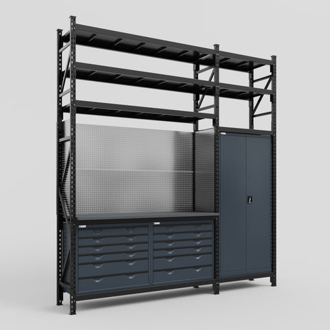 M21 Modular Work Bench with Shelves - H3100mm x W2880mm | Laminate WBT | Dark Grey