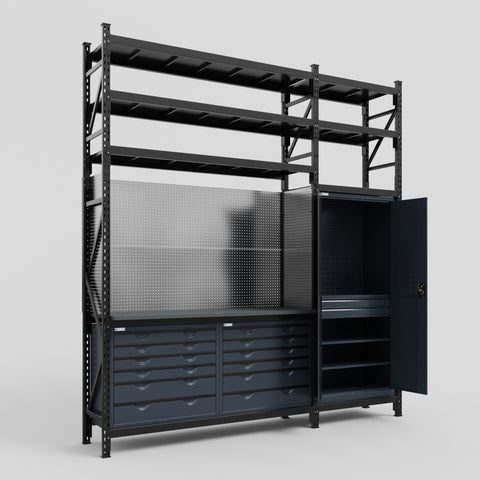 M21 Modular Work Bench with Shelves - H3100mm x W2880mm | Laminate WBT | Dark Grey