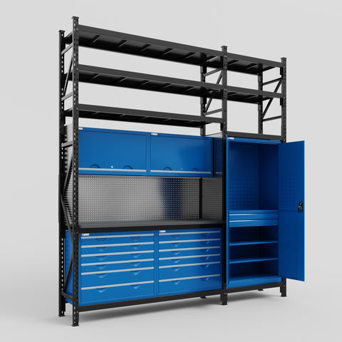 M21 Modular Work Bench with Shelves - H3100mm x W2880mm | Laminate WBT | Blue